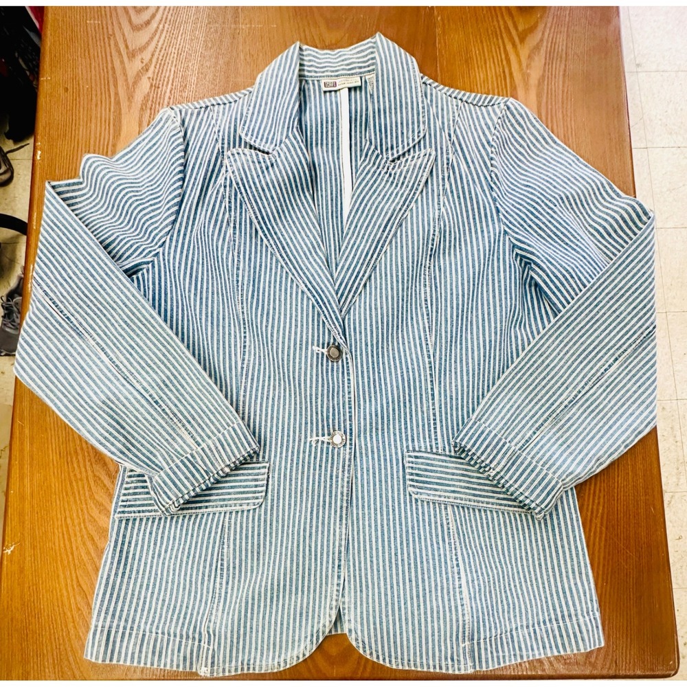Faded Glory Womens Blue White Hickory Stripe Cotton Denim Blazer Jacket Large